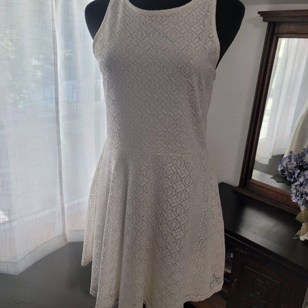Ivory Lace Fit & Flare Dress L 11-13 Romantic Cottagecore Soft Girl Open Back